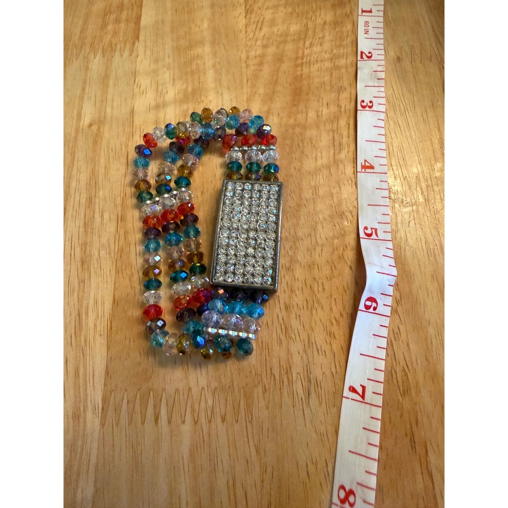 Rainbow Crystal Multi Strand Stretch Bracelet Rhinestone Silver Tone Slide Clasp